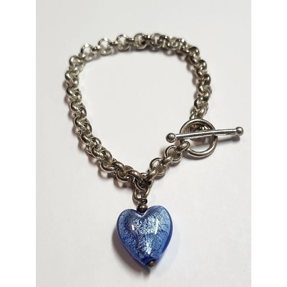 Sterling Silver Rolo Chain Bracelet 925 with Blue Glass Heart Charm